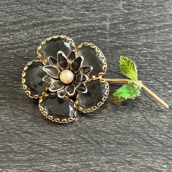 Vintage Juliana‎ Smokey Topaz Flower Brooch Pin Gold Tone - Picture 2 of 4